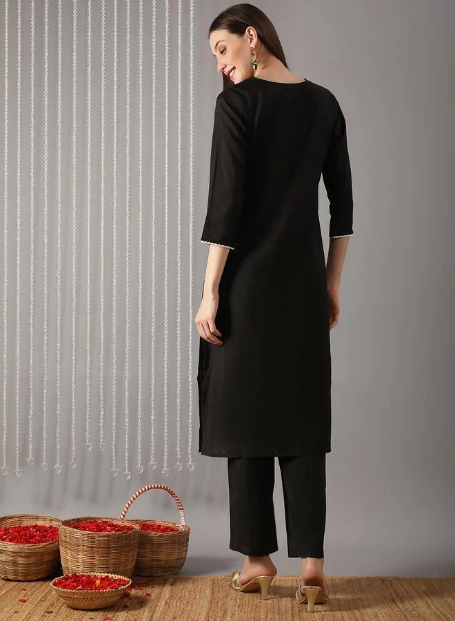 globus Women Black Ethnic Motifs Embroidered Kurta with Pants Set